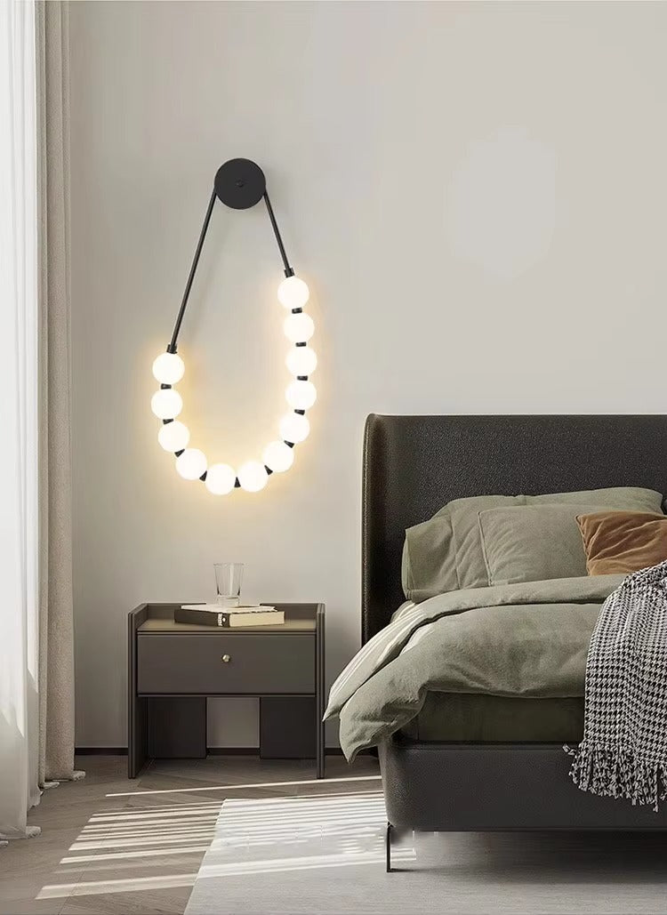 Italian Cream Style Modern Minimalist Bedroom Bedside Lamp White Ball Buddha Design Wall Lamp with Gold & Black Bead Accents for Indoor Spaces