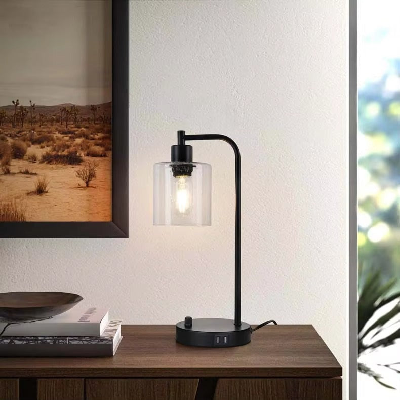Minimalist Modern Industrial Retro Glass Table Lamp | Knob Dimmer Switch & USB Phone Charging | Bedroom Bedside Night Light