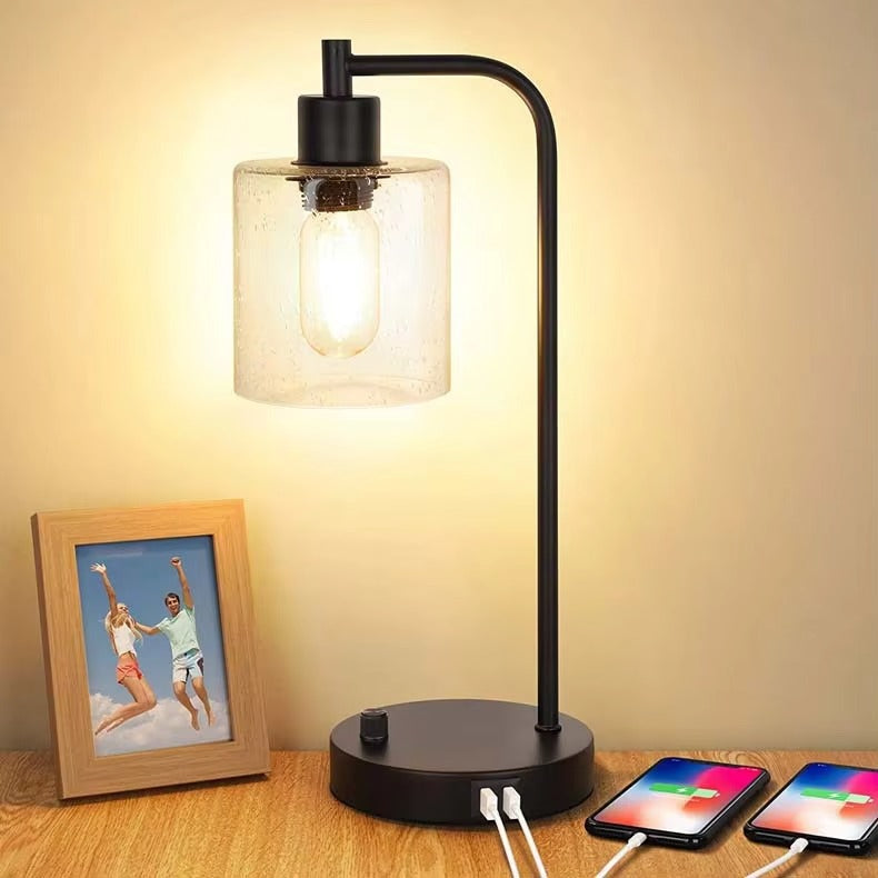 Minimalist Modern Industrial Retro Glass Table Lamp | Knob Dimmer Switch & USB Phone Charging | Bedroom Bedside Night Light