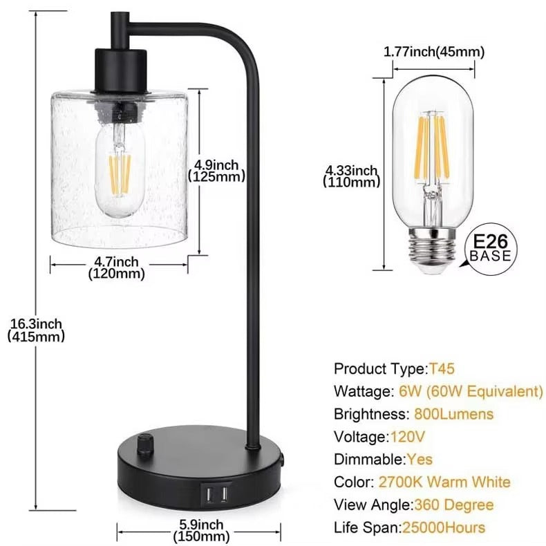 Minimalist Modern Industrial Retro Glass Table Lamp | Knob Dimmer Switch & USB Phone Charging | Bedroom Bedside Night Light