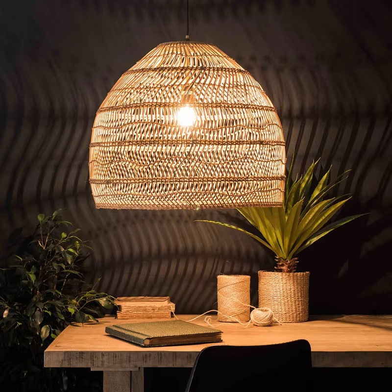 Handmade LED Rattan Chandelier with Woven Lampshade Ceiling Pendant Light Fixture for Living Room, Dining & Bedroom