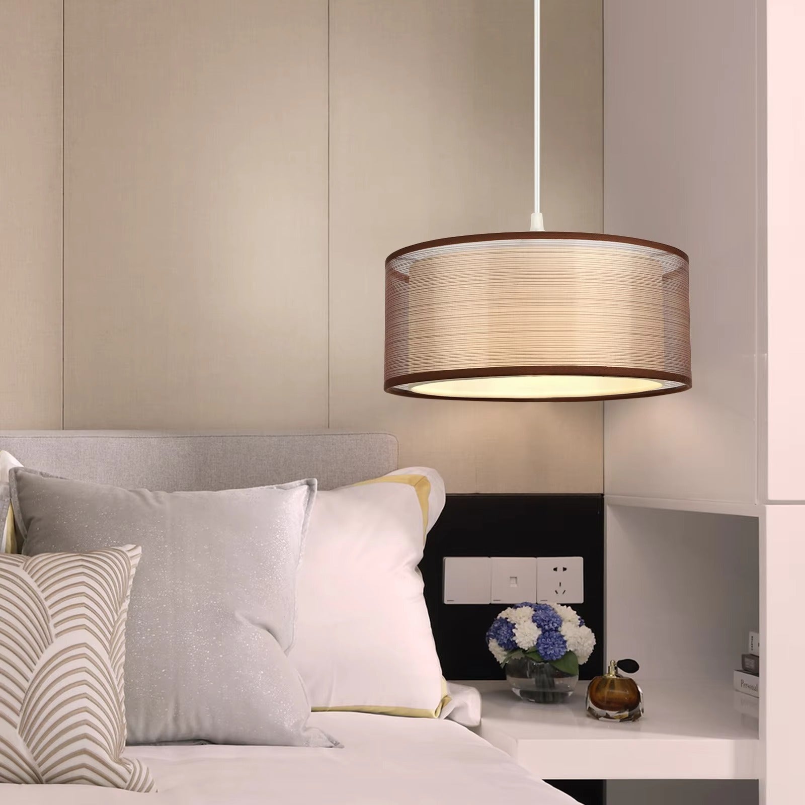 Simple Fabric Lampshade Circular Pendant Light Modern Living Room Fabric Chandelier E26 E27 Hanging Lamp Lighting Fixtures