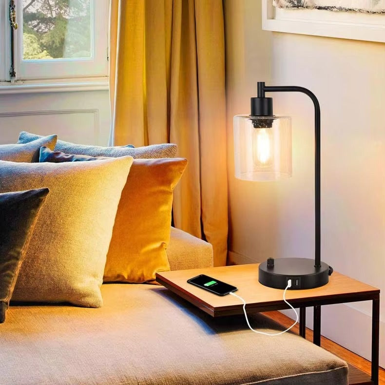 Minimalist Modern Industrial Retro Glass Table Lamp | Knob Dimmer Switch & USB Phone Charging | Bedroom Bedside Night Light