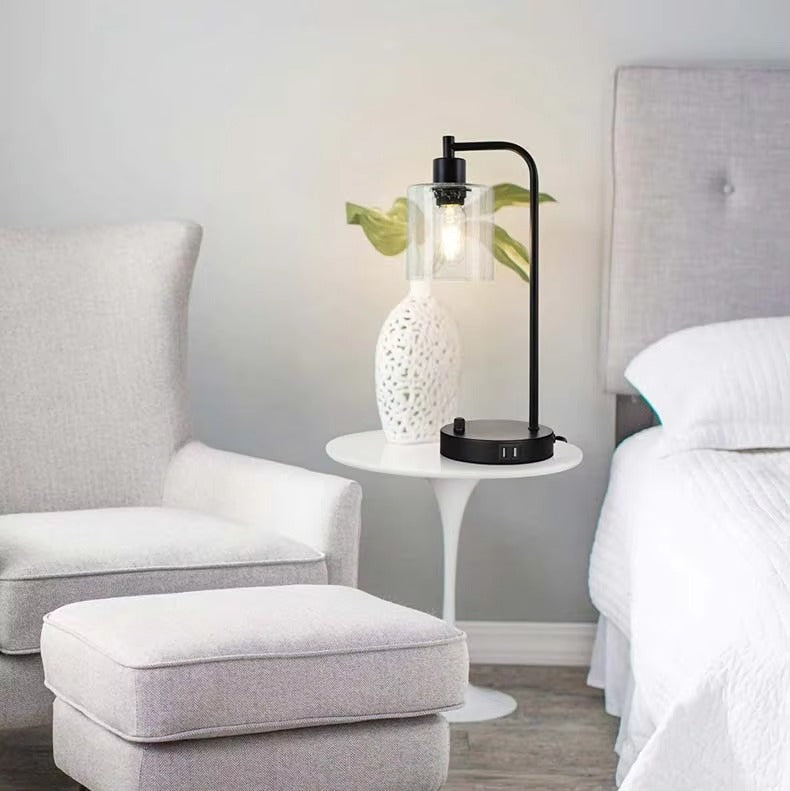 Minimalist Modern Industrial Retro Glass Table Lamp | Knob Dimmer Switch & USB Phone Charging | Bedroom Bedside Night Light