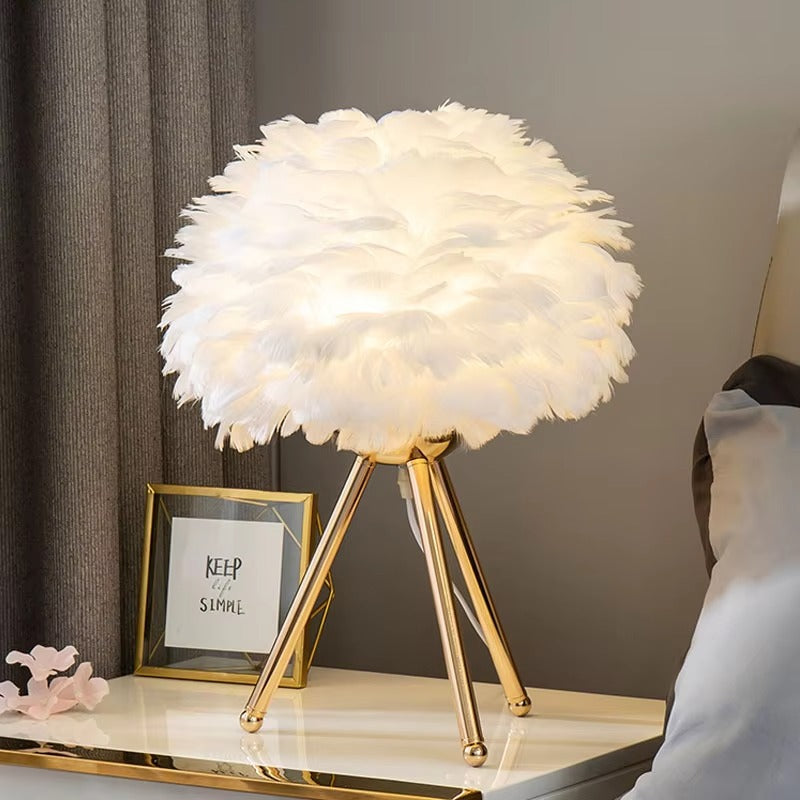 Feather Lampshade Desk Lamp Nordic-Style Bedside Decor Night Lamp Gold Triangle Design Dimmable LED Table Lamp for Bedroom