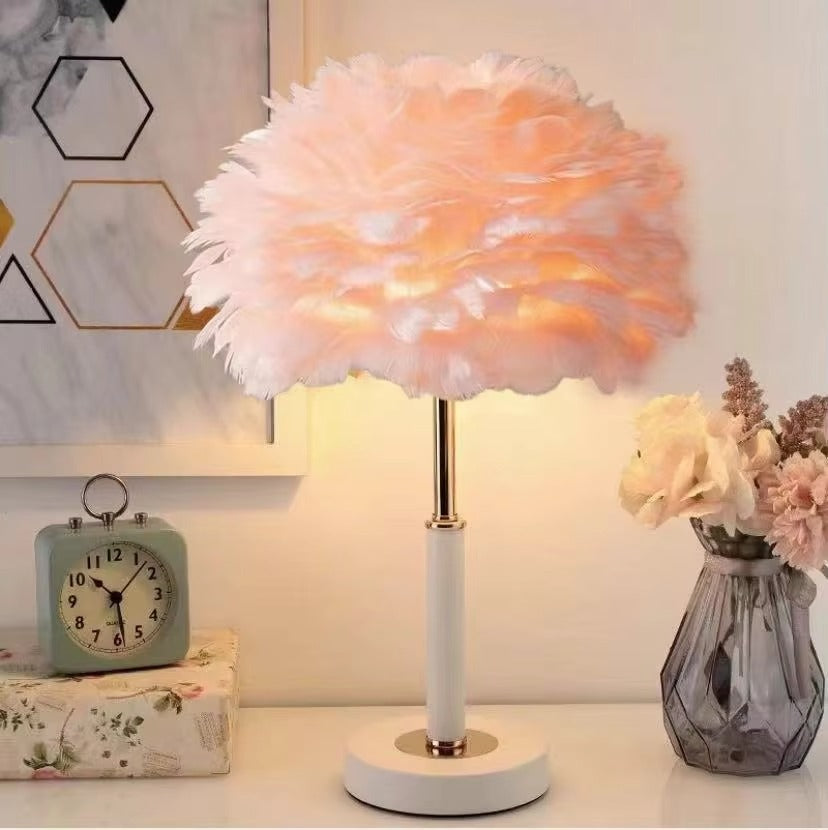 Feather Lampshade Desk Lamp Nordic-Style Bedside Decor Night Lamp Gold Triangle Design Dimmable LED Table Lamp for Bedroom