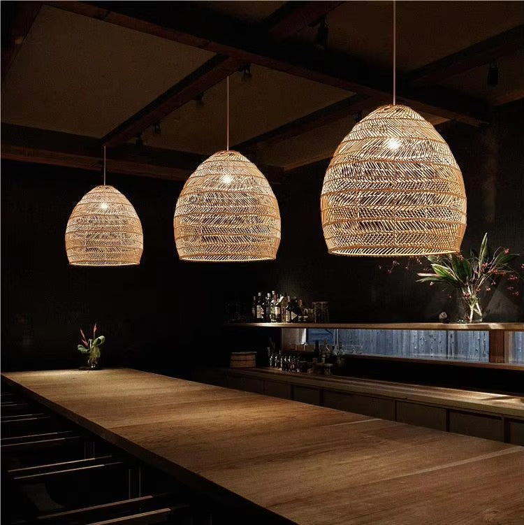 Handmade LED Rattan Chandelier with Woven Lampshade Ceiling Pendant Light Fixture for Living Room, Dining & Bedroom
